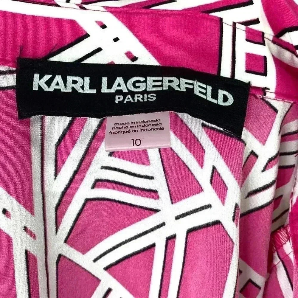 Karl Lagerfeld Logo Print Shirtdress Women 10 Pink Button Front Short Sleeve NEW - Picture 9 of 9